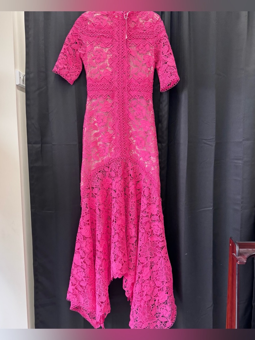 Jardinvue Fuchsia Lace High-Low Dress with Short Sleeves